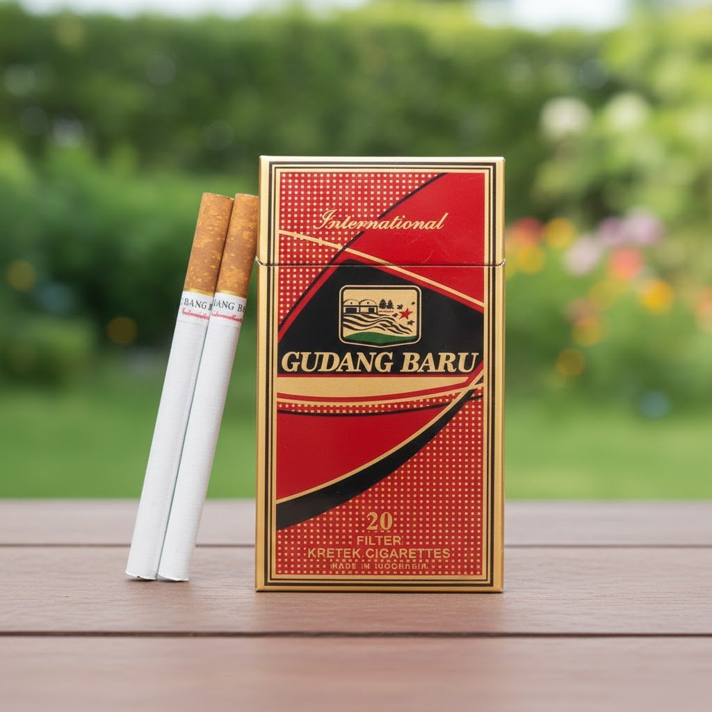 ซองบุหรี่ Gudang Baru International 20 มวนแดงบนโต๊ะไม้ในสวน