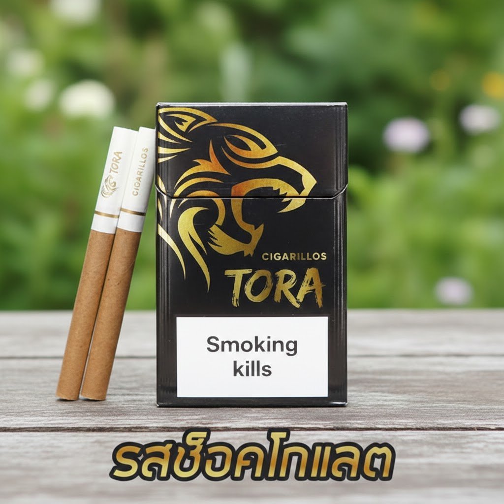 บุหรี่ Tora Cigarillos รสช็อกโกแลต ซองสีดำลายเสือทอง วางบนโต๊ะไม้ในสวน