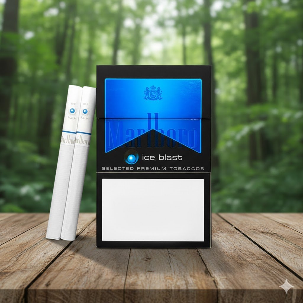 ซองบุหรี่ Marlboro Ice Blast และมวนบุหรี่ วางบนโต๊ะไม้ในบรรยากาศป่าธรรมชาติ