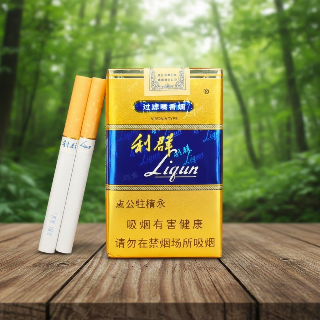 ซองบุหรี่ Liqun Gold สีทองคาดน้ำเงินพร้อมมวนบุหรี่ วางบนโต๊ะไม้ท่ามกลางพื้นหลังป่าไม้ธรรมชาติ