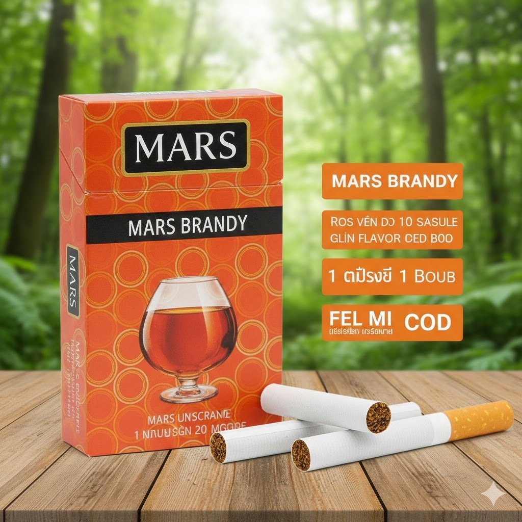 บุหรี่ Mars Brandy ซองสีส้มลายกราฟิกแก้วบรั่นดี พร้อมมวนบุหรี่เม็ดบีบวางบนโต๊ะไม้ฉากหลังป่าสีเขียว