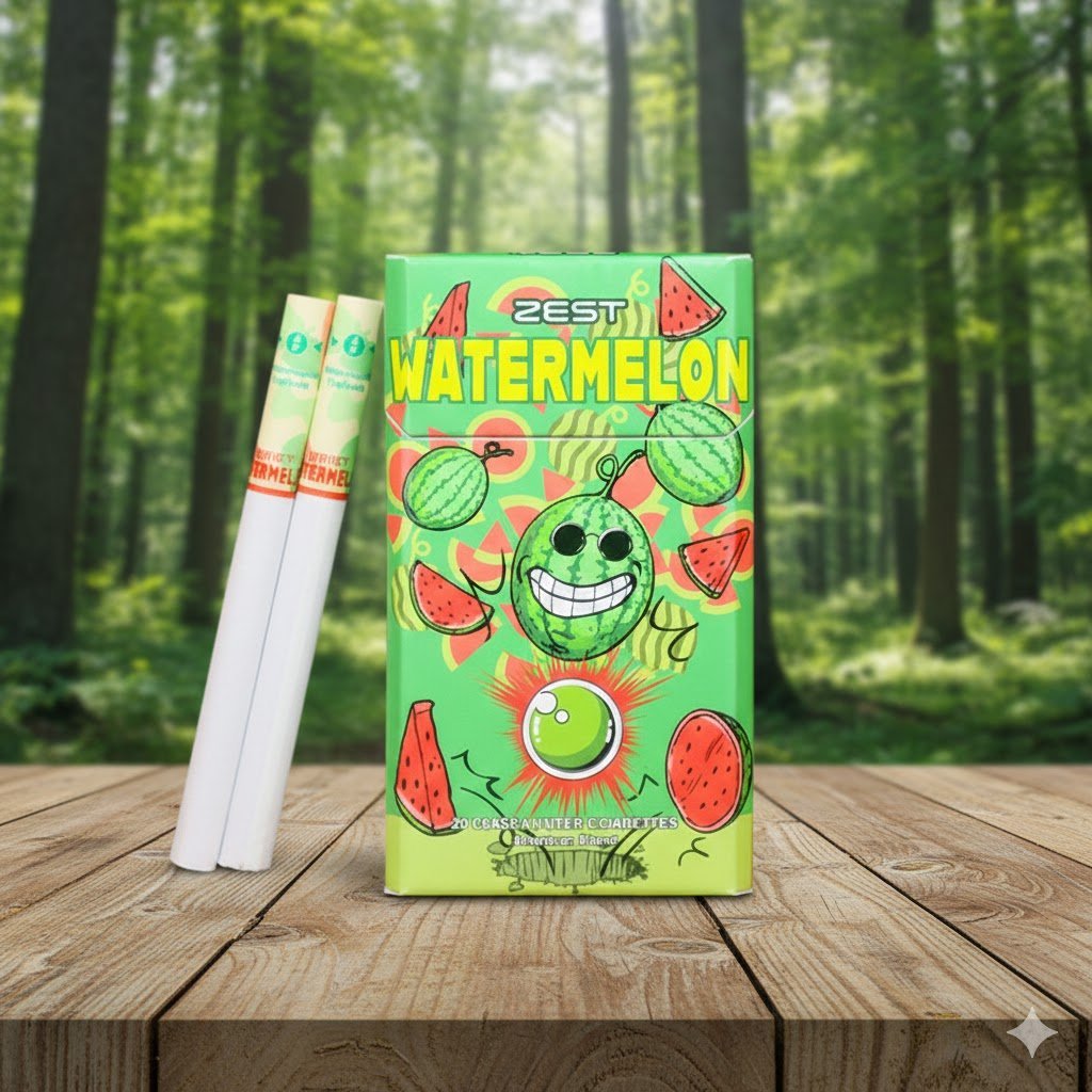 บุหรี่ Zest Watermelon ซองสีเขียวลายกราฟิกแตงโมพร้อมมวนบุหรี่เม็ดบีบ วางบนโต๊ะไม้ฉากหลังป่าสีเขียว