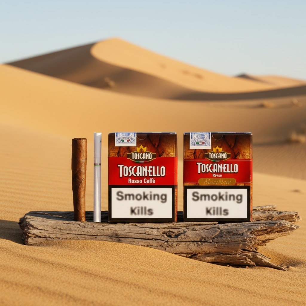 กล่องซิก้าร์ Toscanello สูตร Rosso Caffè และ Rosso Macchiato วางบนขอนไม้ในทะเลทราย