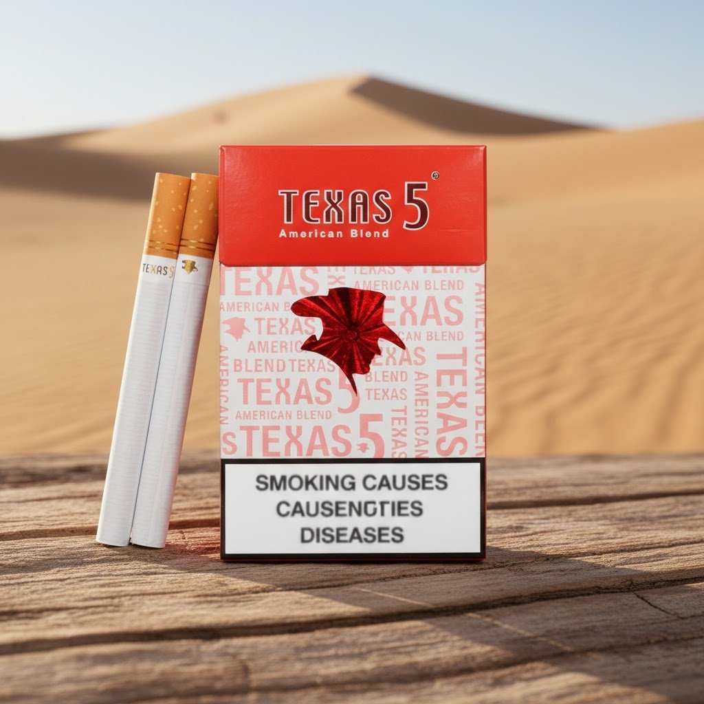ซองบุหรี่ Texas 5 Red วางบนขอนไม้ท่ามกลางทะเลทราย สีแดงโดดเด่น สไตล์ American Blend