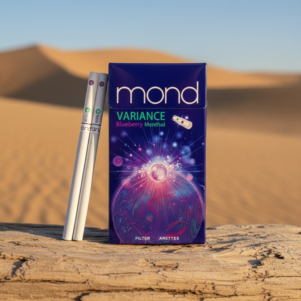 ซองบุหรี่ Mond Variance สีม่วงอวกาศ วางบนขอนไม้กลางทะเลทราย แสงแดดสีทอง พร้อมมวนบุหรี่กลิ่นบลูเบอร์รี่