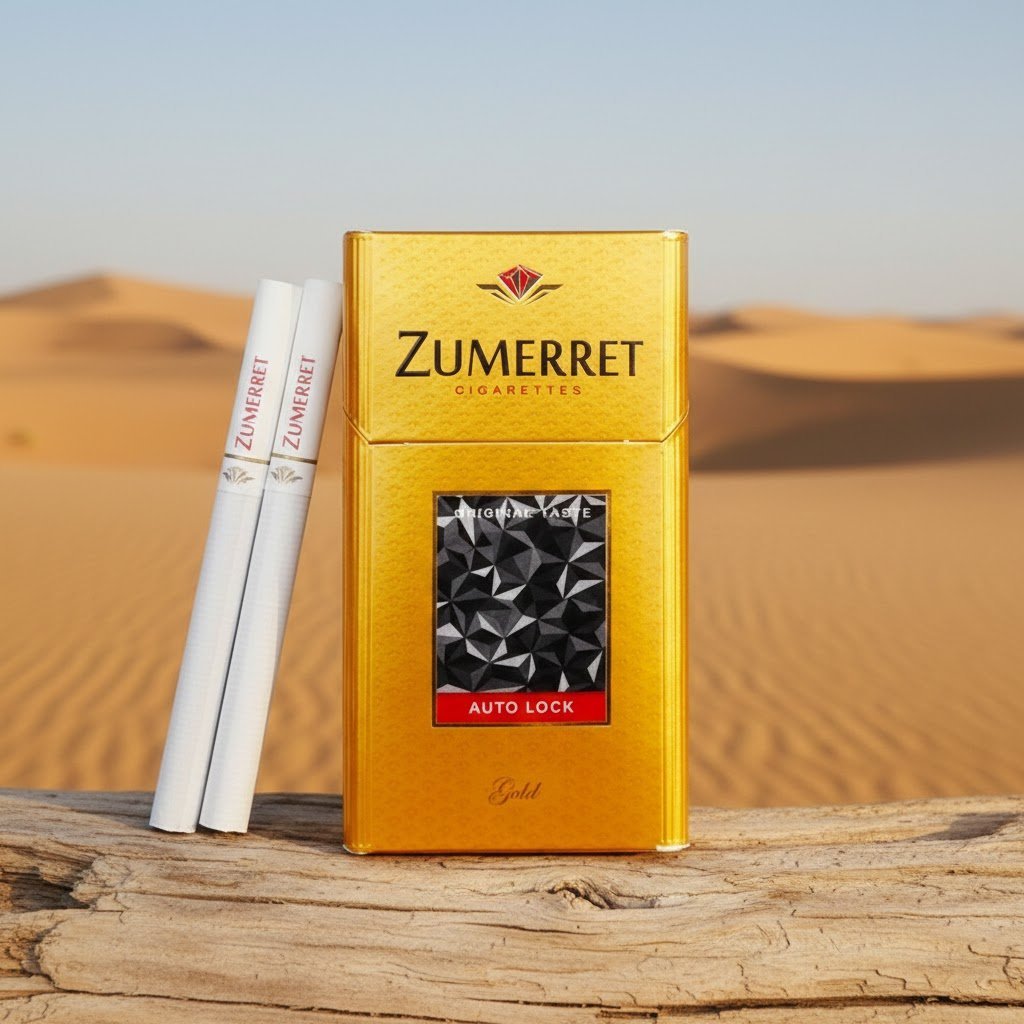 ซองบุหรี่ Zumerret Gold สีทองหรูหรา วางคู่กับมวนบุหรี่บนขอนไม้แห้ง ฉากหลังเป็นเนินทรายสีทองและท้องฟ้าสดใส