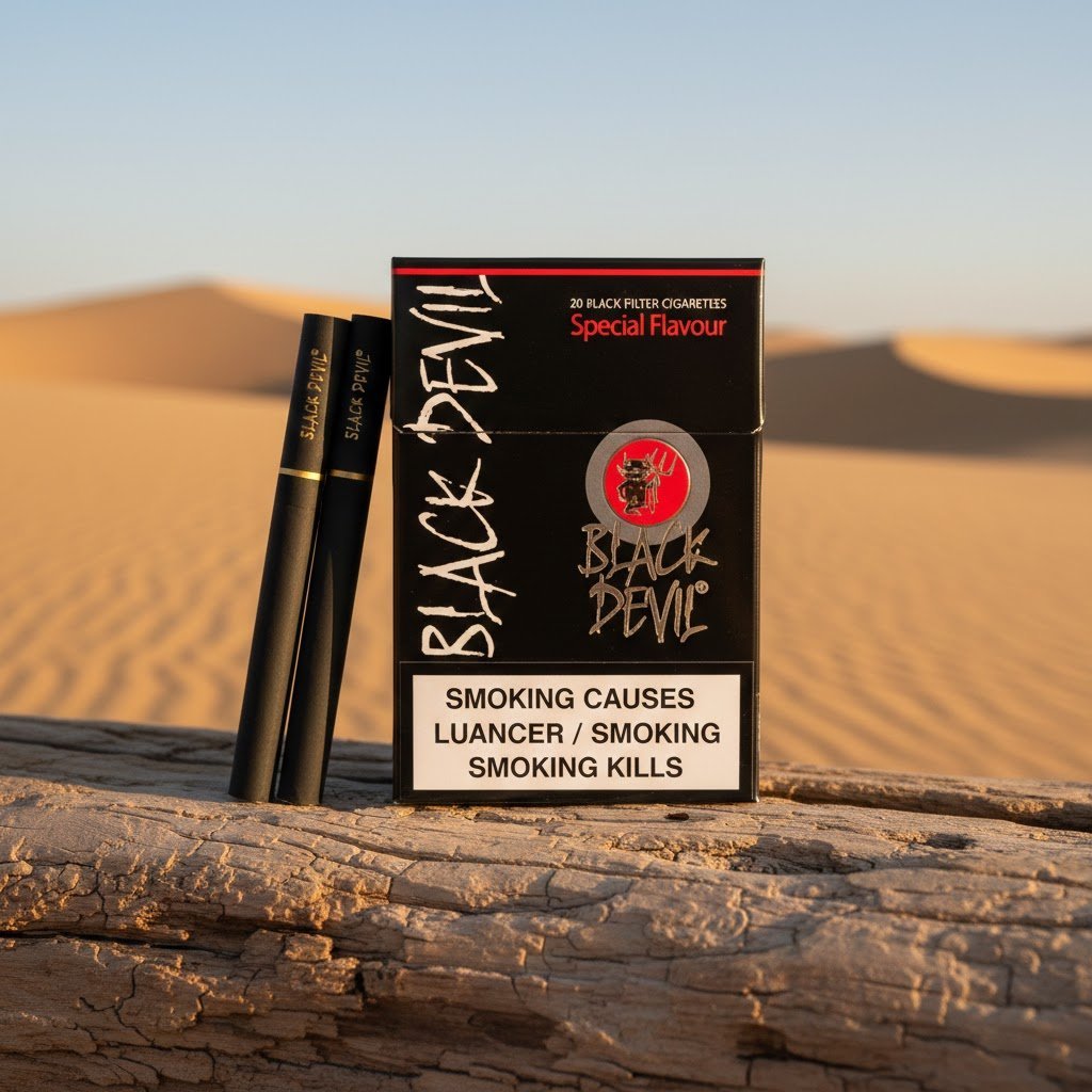 ซองบุหรี่ Black Devil Special Flavour สีดำดุดัน พร้อมมวนบุหรี่สีดำขอบทอง วางบนขอนไม้ท่ามกลางทรายสีทอง