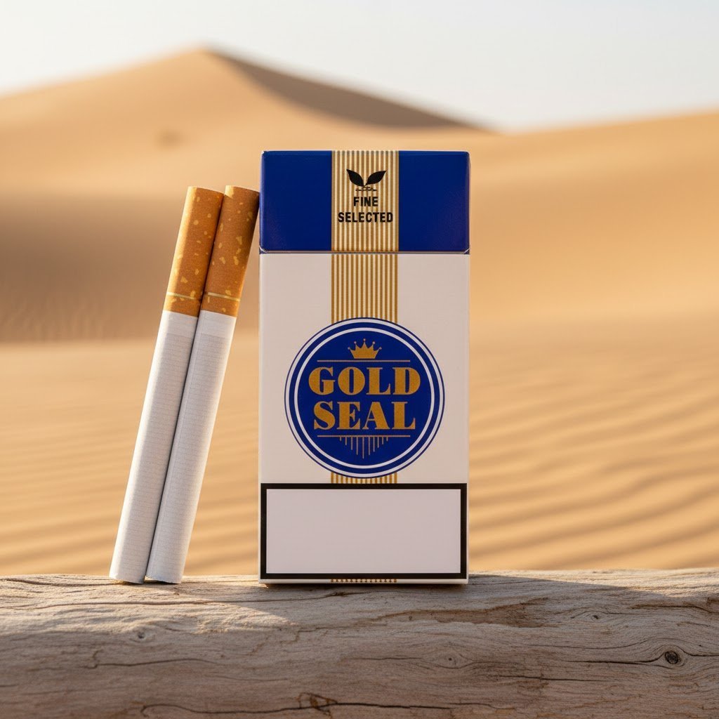 ซองบุหรี่ Goldseal Fine Selected สีขาวน้ำเงิน และมวนบุหรี่ก้นกรองสีน้ำตาล วางบนท่อนไม้ในฉากทะเลทรายสีทอง