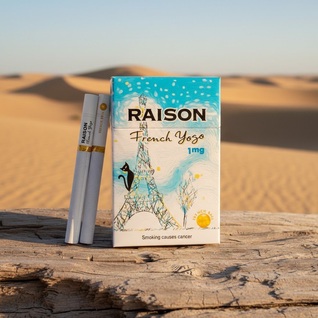 ซองบุหรี่ Raison French Yogo และมวนบุหรี่ วางบนขอนไม้ท่ามกลางทะเลทรายสีทอง แสงอาทิตย์ยามเย็น