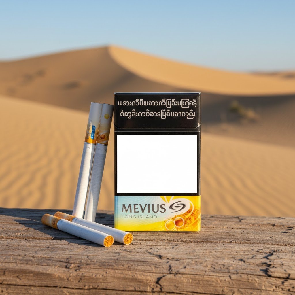 ซองบุหรี่ Mevius Long Island สีดำคาดเหลืองทอง วางบนขอนไม้ท่ามกลางทะเลทราย แสงแดดสีทอง