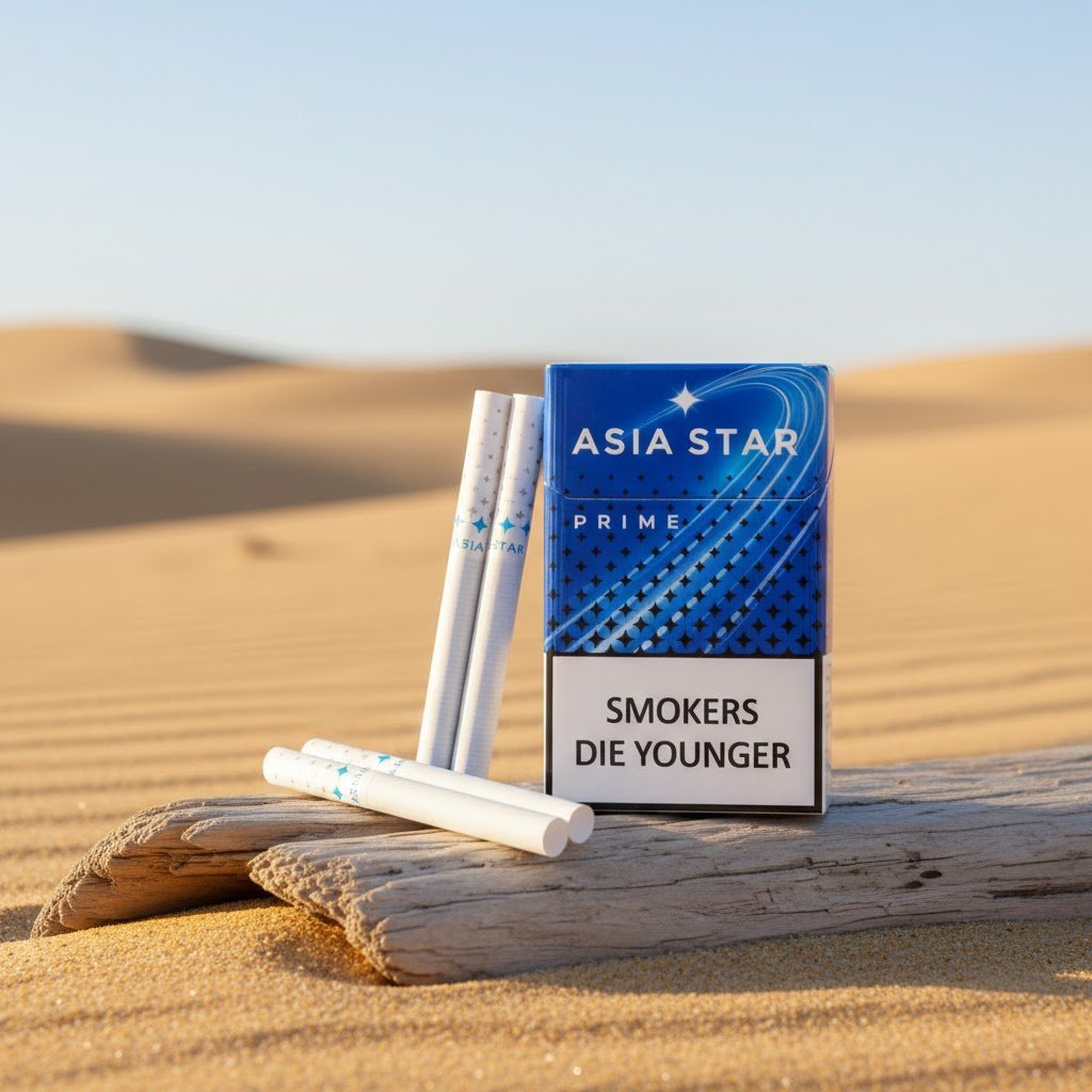 ซองบุหรี่ Asia Star Prime และมวนบุหรี่ วางบนท่อนไม้แห้งท่ามกลางเนินทรายสีทองและแสงแดดธรรมชาติ