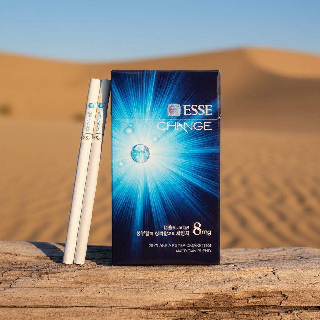 บุหรี่ ESSE Change 8mg ซองสีน้ำเงินเข้มลายรัศมี พร้อมมวนบุหรี่สลิมวางบนขอนไม้ในทะเลทราย