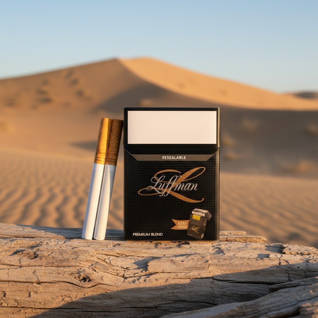 บุหรี่ Luffman Premium Blend ซองสีดำดีไซน์หรู วางบนขอนไม้ท่ามกลางทะเลทราย
