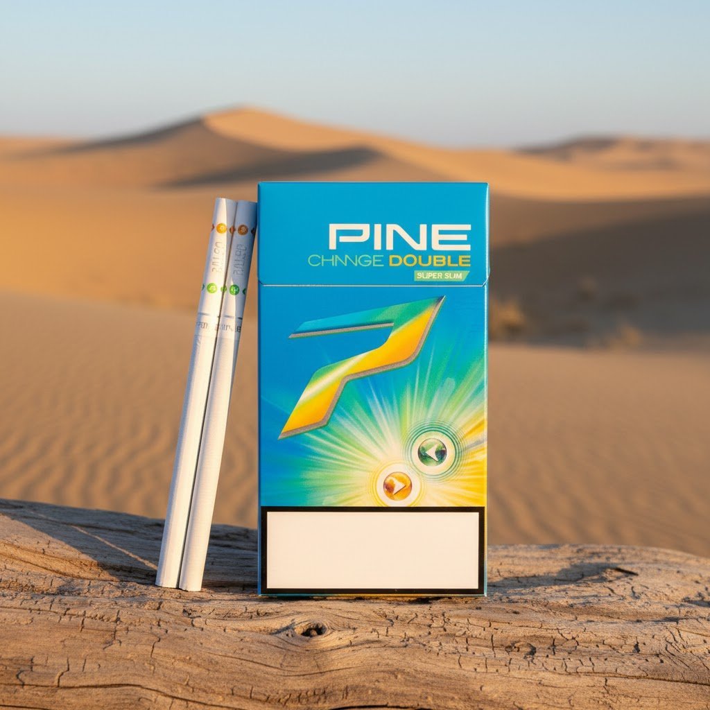 บุหรี่ Pine Change Double Orange มวนสลิม 2 เม็ดบีบกลิ่นส้ม บนพื้นหลังทะเลทรายสีทอง