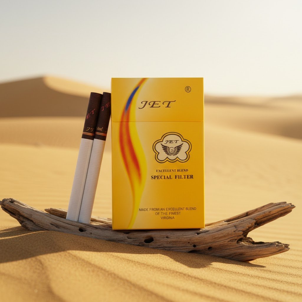 ซองบุหรี่ JET Special Filter สีเหลืองและมวนบุหรี่ วางบนขอนไม้แห้งในทะเลทรายสีทอง
