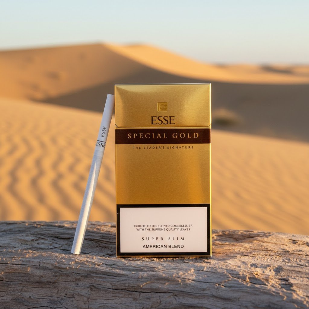 ซองบุหรี่ ESSE Special Gold สีทองแบบ Super Slim วางบนขอนไม้ท่ามกลางทะเลทรายสีทอง