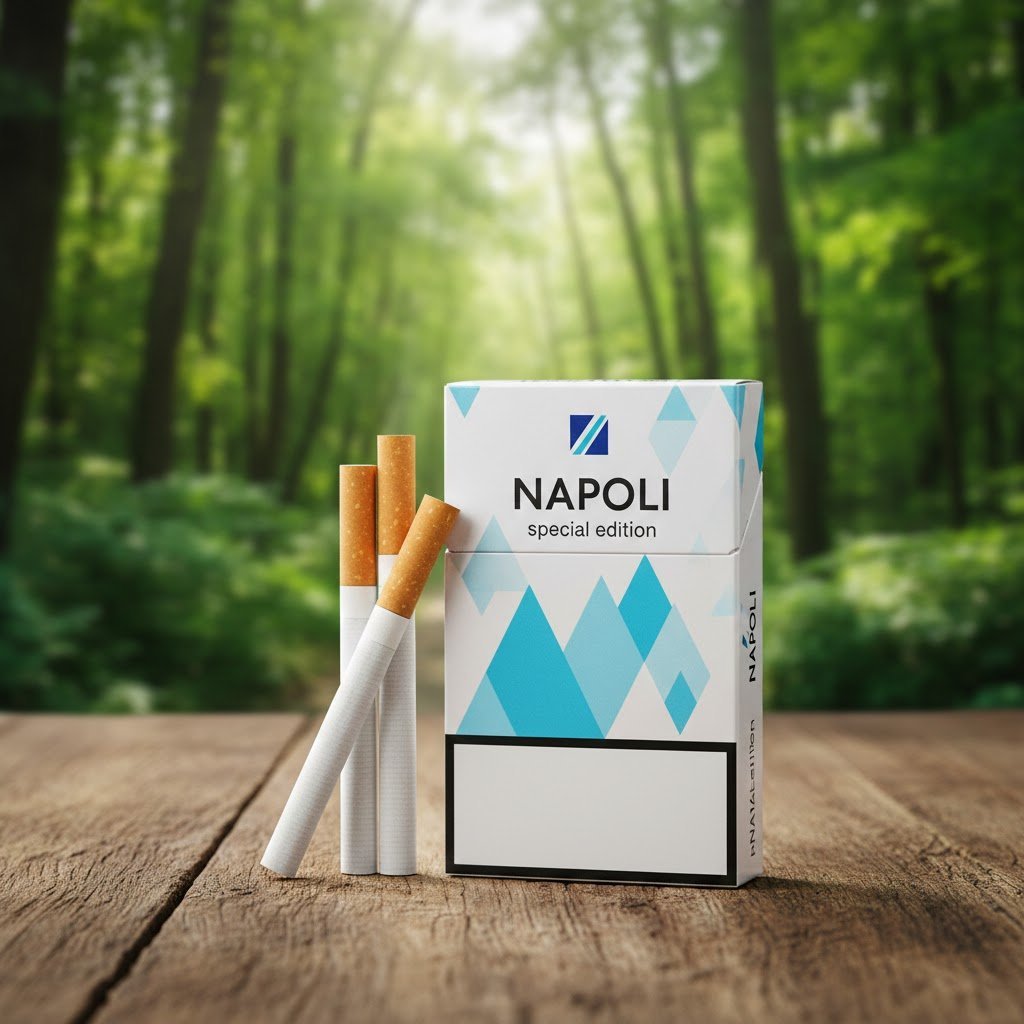 ซองบุหรี่ Napoli Blue Special สีขาวลายเรขาคณิตสีฟ้า วางบนพื้นผิวโต๊ะไม้ท่ามกลางฉากหลังธรรมชาติ