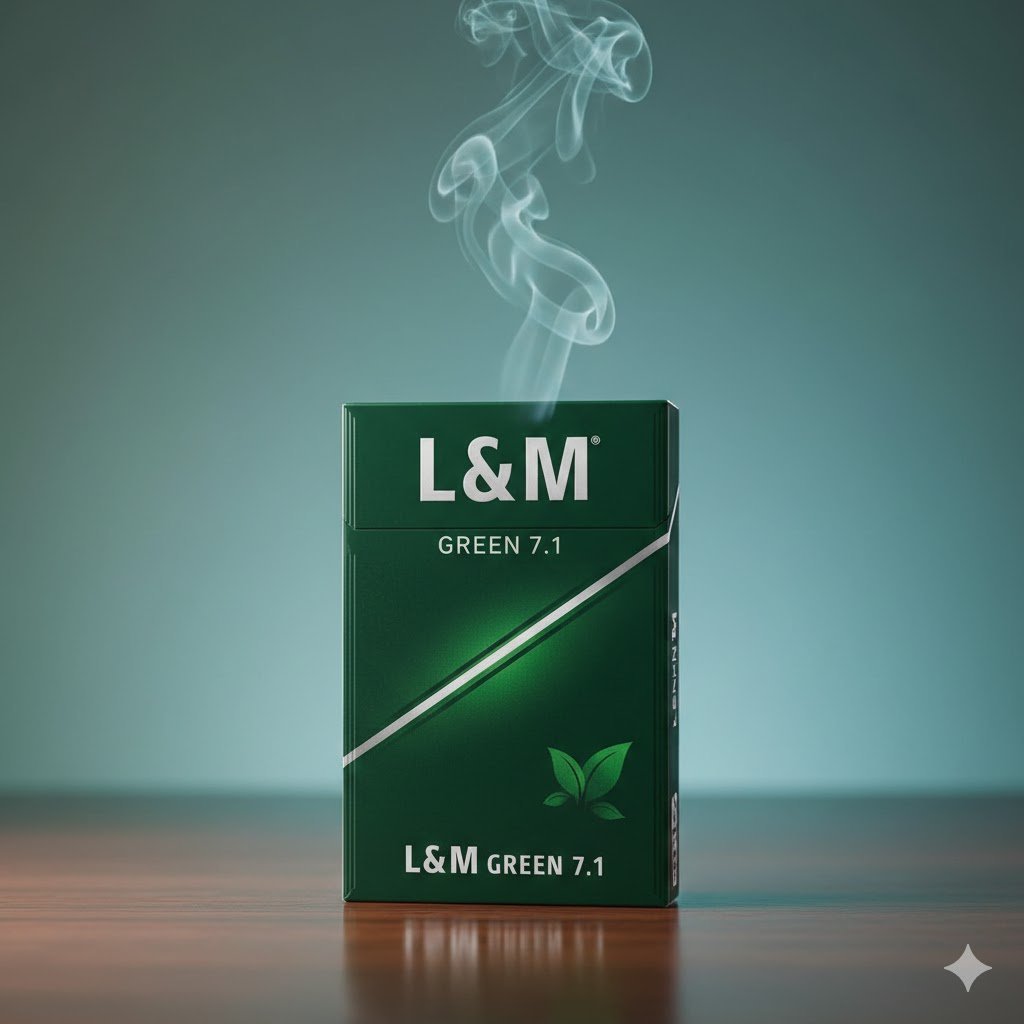 ซองบุหรี่ L&M Green 7.1 สีเขียวมรกตวางบนโต๊ะไม้ สื่อถึงความเย็นสดชื่นและการพักผ่อนของคนทำงาน