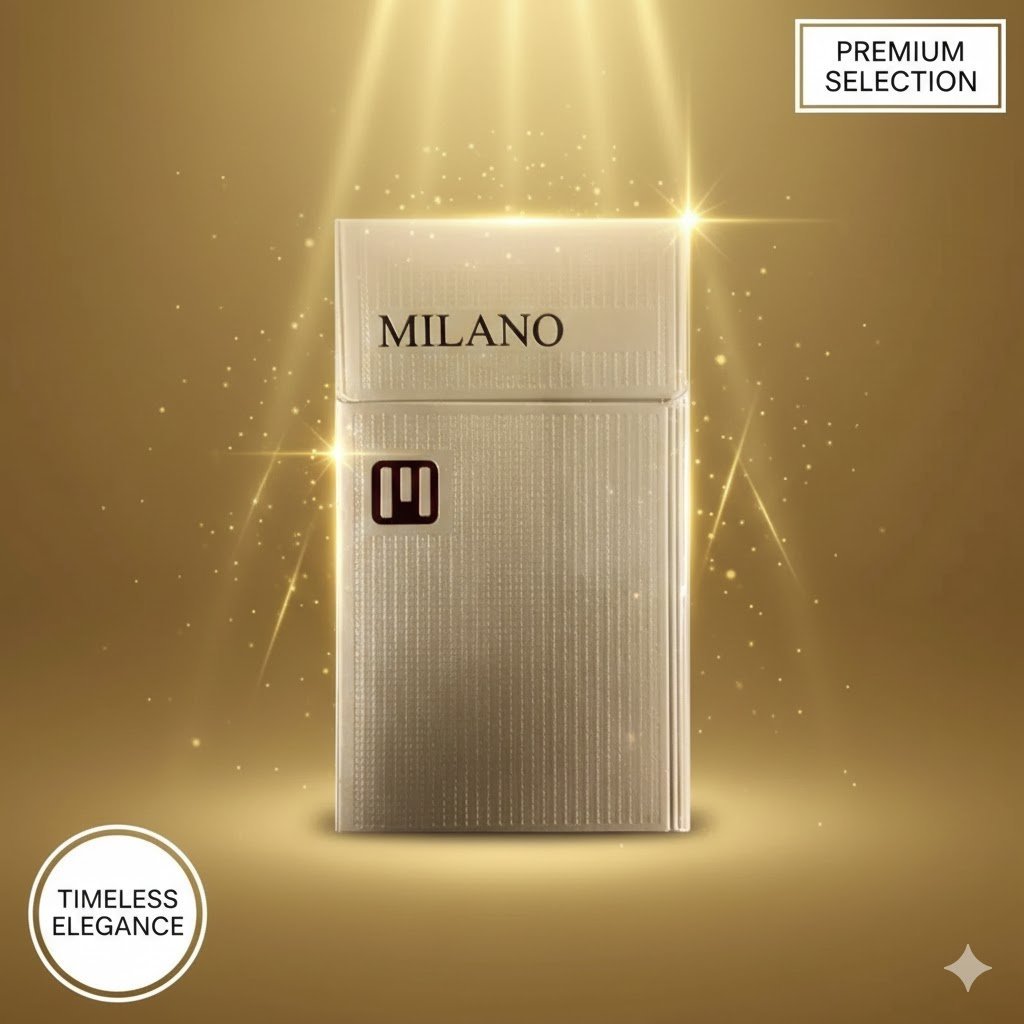 ซองบุหรี่ Milano Gold สีทองหรูหรา วางเด่นกลางแสงสปอตไลท์และประกายระยิบระยับ พร้อมข้อความ Premium Selection และ Timeless Elegance
