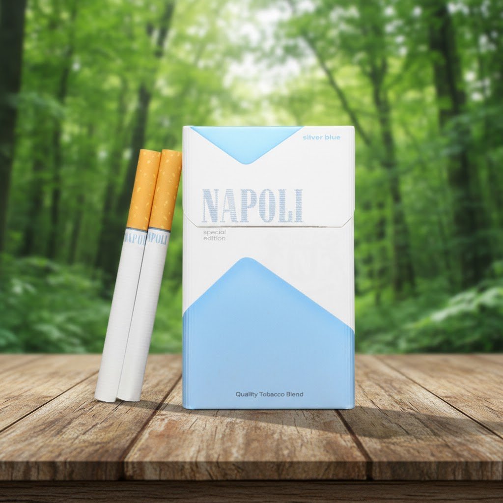 บุหรี่ Napoli Blue Special ซองสีขาวฟ้าดีไซน์มินิมอล พร้อมมวนบุหรี่ วางบนโต๊ะไม้ท่ามกลางธรรมชาติ