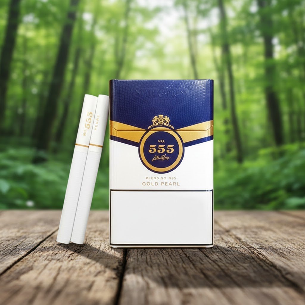 กล่องบุหรี่ 555 State Express Gold Pearl สีน้ำเงินทอง วางบนโต๊ะไม้ในบรรยากาศป่าธรรมชาติ