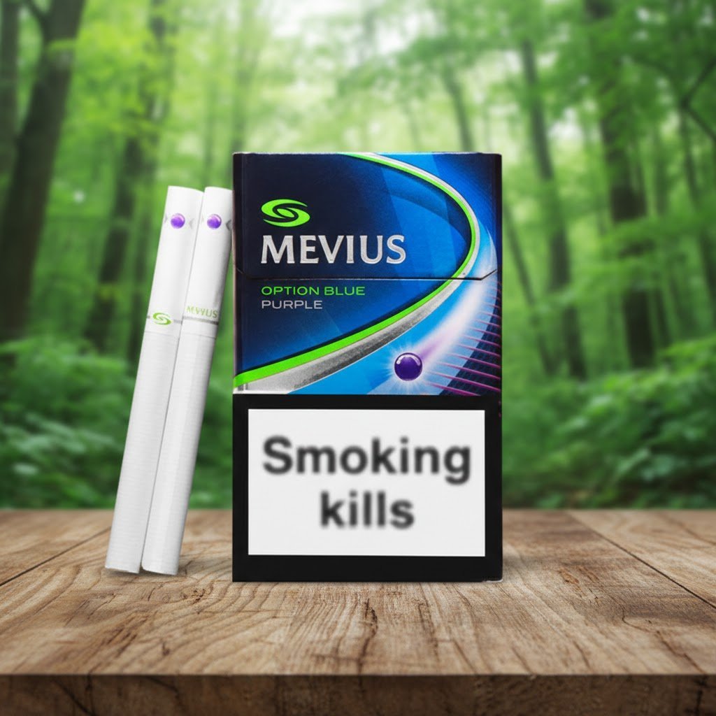 กล่องบุหรี่ Mevius Option Blue Purple สีน้ำเงินม่วงดีไซน์ทันสมัย วางบนโต๊ะไม้ฉากหลังป่าไม้