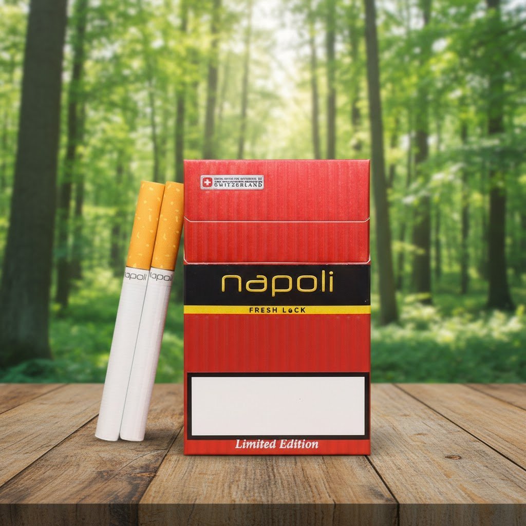 กล่องบุหรี่ Napoli Red Limited Edition สีแดงคาดดำ วางบนโต๊ะไม้ฉากหลังป่าไม้ธรรมชาติ