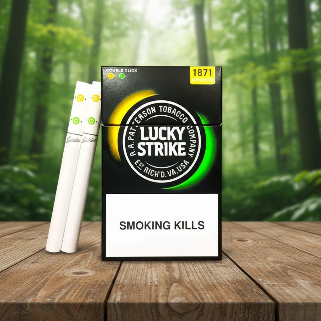 บุหรี่ Lucky Strike Double Click Yellow-Green ซองสีดำแถบเขียวเหลือง วางบนโต๊ะไม้ฉากหลังป่าไม้ธรรมชาติ