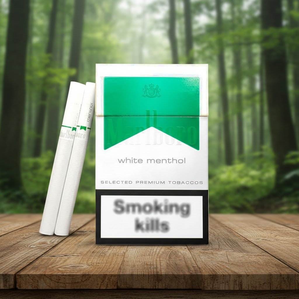 บุหรี่ Marlboro White Menthol ซองสีขาวแถบเขียว วางบนโต๊ะไม้ฉากหลังธรรมชาติป่าไม้