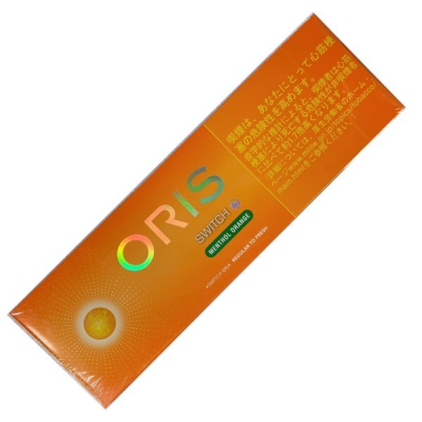 Oris Switch Menthol Orange บุหรี่นอกกลิ่นส้มเมนทอล รูปกล่องสินค้าแบรนด์ Oris ไม่มีลายน้ำ